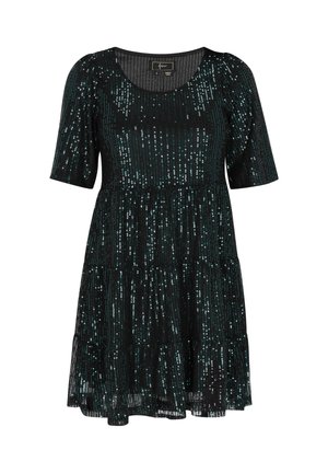 Abito nero a strati con maniche corte e scollatura rotonda, decorato con paillettes color teal scintillanti per texture e un motivo.