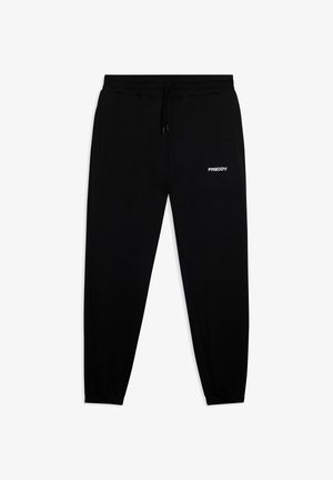 Pantaloni jogger neri in cotone con vita elasticizzata, cordoncino, due tasche laterali e logo "FREDDY" bianco sulla coscia sinistra. Texture liscia.