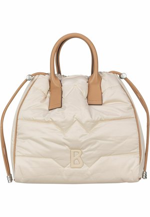 Gepolsterte cremefarbene Handtasche mit hellbraunen Lederakzenten, gerafftem oberen Teil, doppelten Griffen und einem eingeprägten 'B'-Logo auf der Vorderseite.