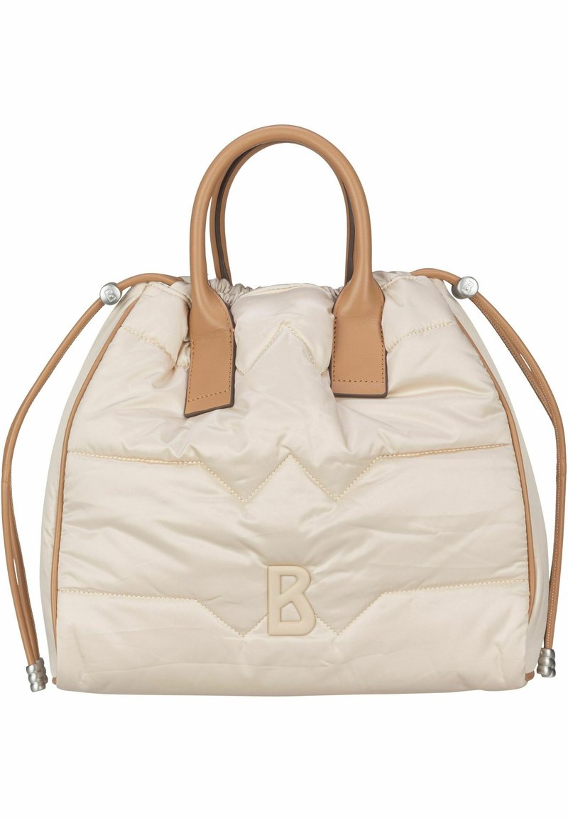 Gepolsterte cremefarbene Handtasche mit hellbraunen Lederakzenten, gerafftem oberen Teil, doppelten Griffen und einem eingeprägten 'B'-Logo auf der Vorderseite.