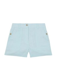Lyseblå shorts med høj talje og forlommer, beige knapper på lommer og taljebånd samt bæltestropper, lavet af tekstureret stof.