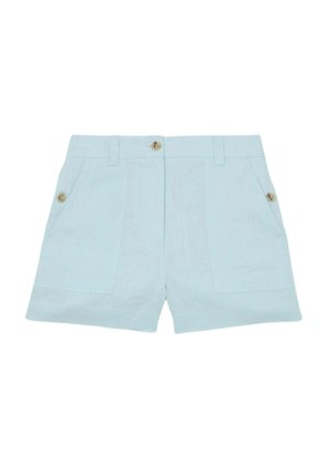 Pantaloni scurți de culoare albastru deschis cu talie înaltă, buzunare frontale, nasturi bej pe buzunare și talie, și bucle pentru curea, confecționați dintr-un material texturat.