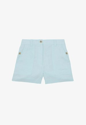 Pantaloni scurți de culoare albastru deschis cu talie înaltă, buzunare frontale, nasturi bej pe buzunare și talie, și bucle pentru curea, confecționați dintr-un material texturat.