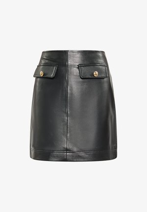 Black leather mini skirt with structured waist, two front pockets with gold buttons, and smooth texture, featuring clean lines and no visible seams.