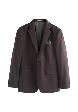 Tumman violetti miesten bleiseri mustilla nauhoilla läpissä ja taskuissa, yksittäinen nappikiinnitys ja nenäliina rintataskussa.