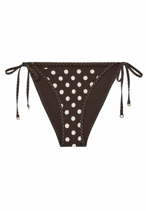 Ruskeat bikinin alaosat, joissa valkoiset pilkut, sivulle solmittavat nauhat ja koristeelliset rei'itykset nauhojen päissä.