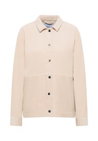 Beige corduroy jas met kraag, met een knoopsluiting aan de voorkant, lange mouwen en een horizontale ribbeltextuur. Zwarte knopen voor de sluiting.