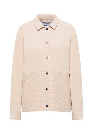 Veste en velours côtelé beige avec col, dotée d'une fermeture à boutons, de manches longues et d'une texture à côtes horizontales. Boutons noirs pour la fermeture.