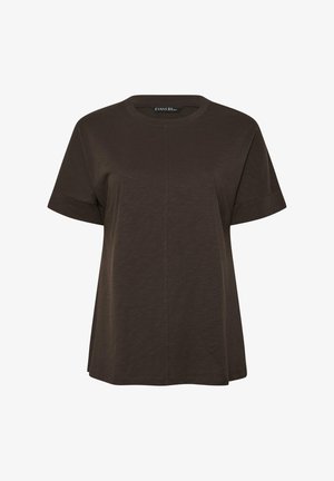 T-shirt a maniche corte di colore marrone scuro con scollo tondo, taglio dritto e cucitura visibile che corre verticalmente al centro davanti.