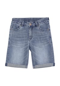 Blå denimshorts med ljus tvätt, med en rullad nederkant, fem fickor och hardware i kopparfärg. Midjebandet har varumärkeslogotyp.