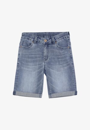 Niebieskie szorty dżinsowe o jasnym odcieniu, z podwiniętym dołem, pięcioma kieszeniami i miedzianymi dodatkami. Pas z logo marki.