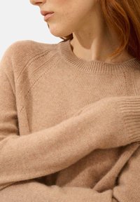 Maglione lavorato a maglia beige con scollatura rotonda, polsini a coste e una trama sottile. Presenta maniche raglan e dettagli di cuciture delicate.