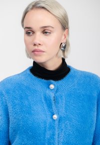 Blonde Person mit kurzen Haaren, die silberne ovale Ohrringe, einen schwarzen Rollkragenpullover und eine blaue flauschige Strickjacke mit großen Perlenknöpfen trägt.