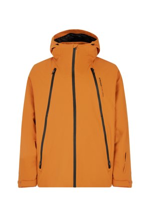 Oranje waterdichte jas met capuchon, voorzien van zwarte ritsen, twee voorzakken en verstelbare trekkoorden op de capuchon en de zoom.