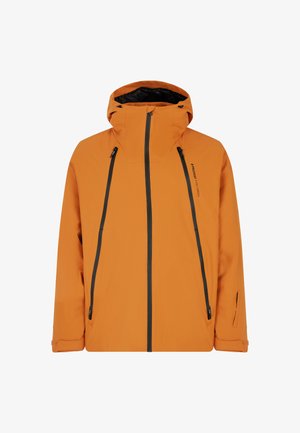 Oranje waterdichte jas met capuchon, voorzien van zwarte ritsen, twee voorzakken en verstelbare trekkoorden op de capuchon en de zoom.