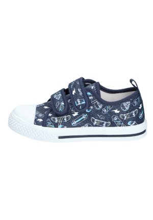 Granatowy dziecięcy tenis z motywem deskorolki i błyskawicy, białym gumowym noskiem i dwoma paskami na rzep.