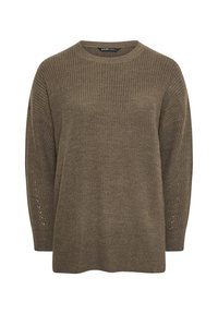 Olivgrüner Strickpullover mit einem Rundhalsausschnitt, lockerer Passform und überschnittenen Schultern. Verfügt über kleine Ösenakzente an den Ärmeln.