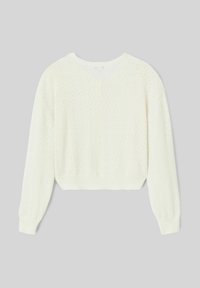 Pull en laine blanc, au design court, présentant un motif en losanges texturé et des manches longues avec des poignets et un ourlet côtelés.