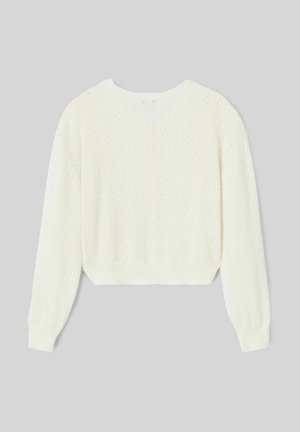 Pull en laine blanc, au design court, présentant un motif en losanges texturé et des manches longues avec des poignets et un ourlet côtelés.