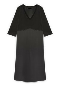 Černé šaty s výstřihem do V, 3/4 rukávy a postupným barevným přechodem do tmavě šedé. Obsahují cvočky po celé délce švů na těle.