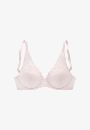 Roze kanten beha met een driehoekige vorm, gevoerde cups en golvende randen. Beschikt over verstelbare satijnen bandjes en bloemenmotieven.