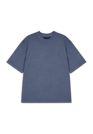 Kurzarm-T-Shirt in einem sanften Blauton, aus weichem Stoff gefertigt; verfügt über einen runden Ausschnitt und ein dezentes, geprägtes Logo auf der Vorderseite.