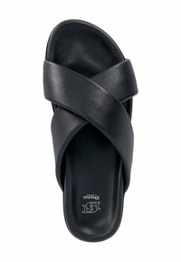 Black slide sandal featuring a crisscross strap design, smooth leather texture, and a cushioned footbed. Marked with “Dune London” logo.