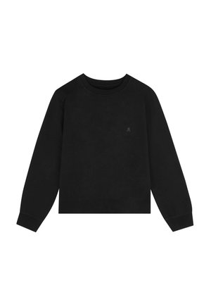 Sudadera negra hecha de una tela suave, con un escote redondo y mangas raglán largas. Pequeño logo en el pecho como detalle.