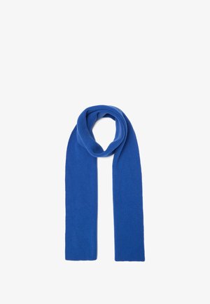 Heldere blauwe gebreide sjaal, met ribbelstructuur, verlengde vorm, zachte stof, met ronde uiteinden, ontworpen voor warmte en laagjes.