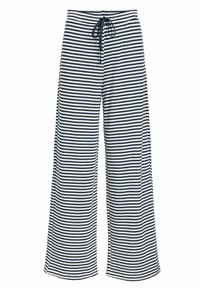 Pantalones de pierna ancha de algodón con un patrón de rayas horizontales en azul marino y blanco. Cintura elástica con cordón para un ajuste ajustable.