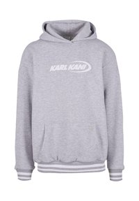 Gray hoodie with a front pocket, ribbed hem and cuffs, featuring a white "KARL KANI" logo on the chest. Soft, textured fabric.