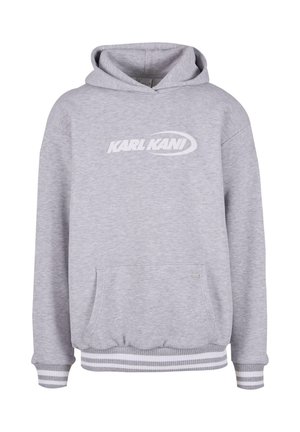 Gray hoodie with a front pocket, ribbed hem and cuffs, featuring a white "KARL KANI" logo on the chest. Soft, textured fabric.