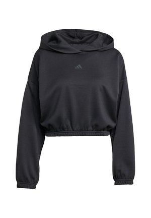 Black cropped hoodie with a textured fabric, a hood, and ribbed cuffs. Features a small grey logo on the chest.