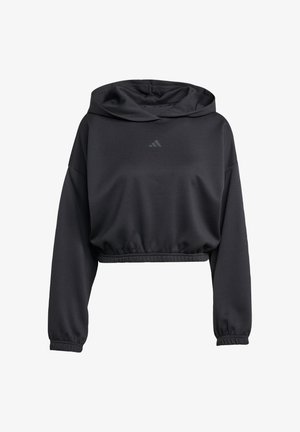 Black cropped hoodie with a textured fabric, a hood, and ribbed cuffs. Features a small grey logo on the chest.