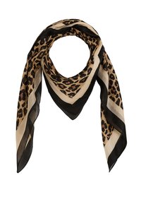 Écharpe en imprimé léopard présentant un schéma de couleurs beige et noir, fabriquée en tissu léger avec une forme triangulaire et des accents de bord noirs.