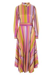 Gestreiftes Kleid in leuchtenden Farben von Pink, Gelb und Lila. Verfügt über einen Kragen, lange Ärmel und einen ausgestellten Rock mit Taschen.