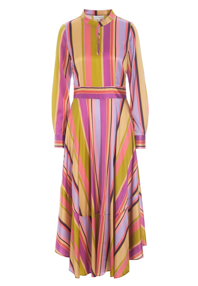 Długa sukienka z długim rękawem w wielokolorowe paski w odcieniach różu, żółci i fioletu, z wysokim dekoltem, listwą guzikową oraz rozkloszowanym krojem.