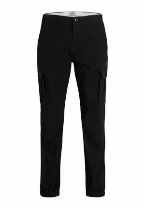 Pantalon cargo noir avec poignets élastiques, poches latérales à rabat, passants de ceinture, fermeture par bouton et coupe droite slim.