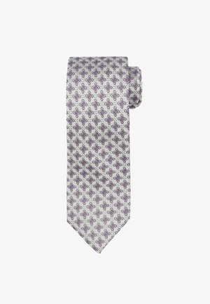 Musternecktuch aus Seide mit einem hellgrauen Hintergrund und wiederkehrenden lila Blumendesigns. Das Krawatte hat ein spitzes Ende und eine glatte Textur.