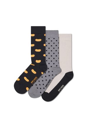 Three pairs of socks: one black with hot dog patterns, one gray with black polka dots, and one cream-colored. Cotton fabric, crew length.