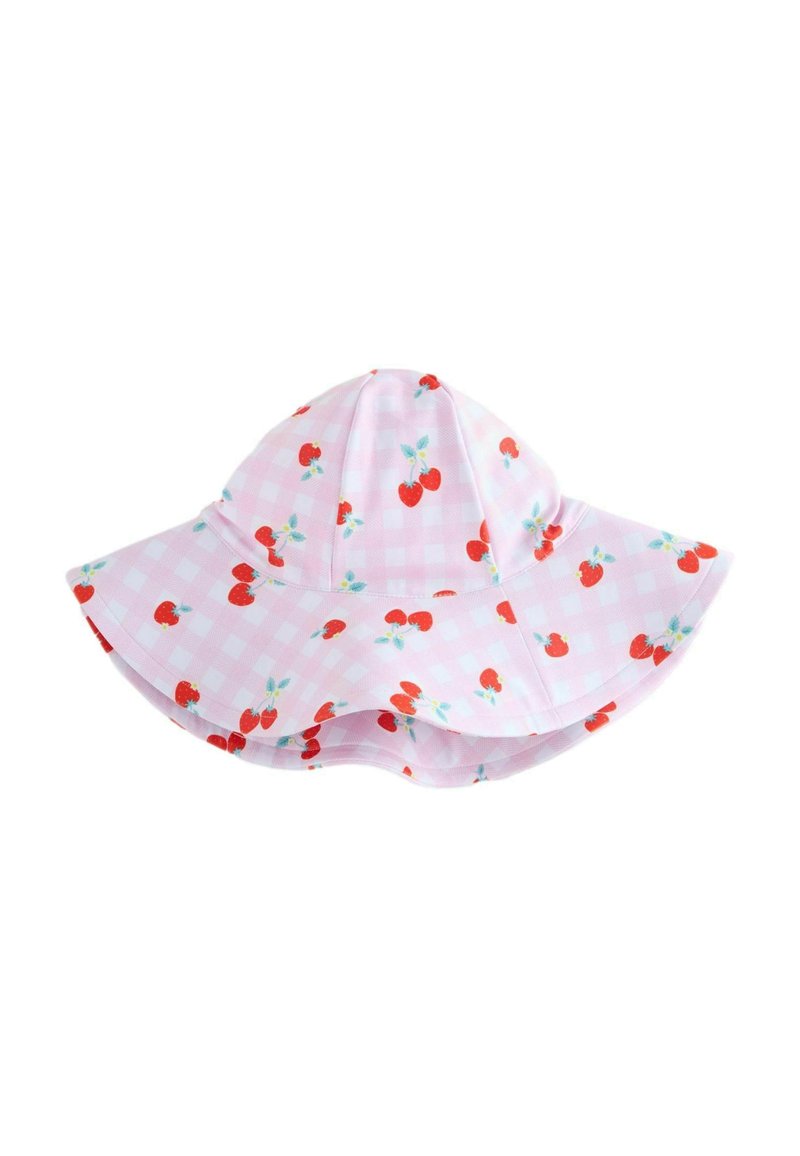Roza sunčana kapa s širokim obodom, s uzorkom trešnje i lista na kockastoj pozadini. Izrađena od laganog materijala.