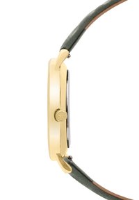 Goldfarbige Uhr mit rechteckigem Gehäuse, grünem Lederarmband und strukturiertem Finish. Verfügt über eine seitliche Krone und ein elegantes, minimalistisches Design.