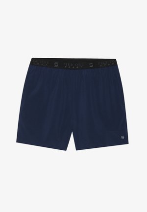 Mornarško modri športni kratki hlače iz lahkega materiala, z latastim črnim pasom z blagovno znamko "PIER ONE" in diskretnim logotipom na nogi.