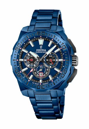 Orologio in acciaio inox blu con cinturino texturizzato, grande quadrante rotondo, più sottoregistratori, indicatori delle ore luminescenti e funzione di visualizzazione della data.