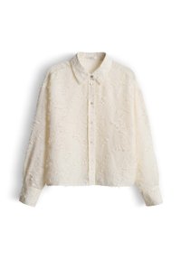 Camicia crema a maniche lunghe con bottoni, motivo floreale in rilievo e colletto classico, mostrata su sfondo bianco.