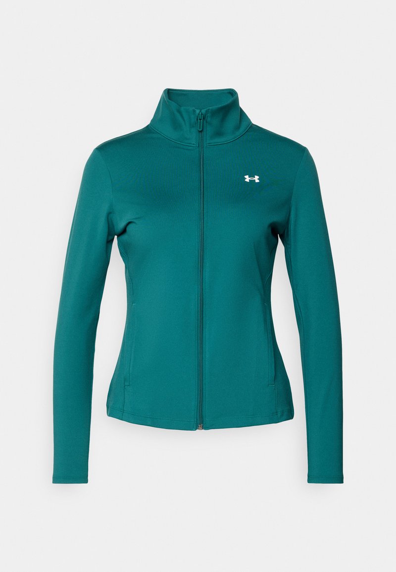 Τζάκετ με φερμουάρ σε τιρκουάζ απόχρωση με μακριά μανίκια, υψηλό γιακά και μικρό λευκό λογότυπο στο αριστερό στήθος. Λεία υφή και εφαρμοστή γραμμή.