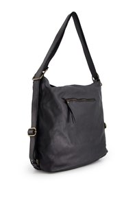 Schwarze Leder-Schultertasche mit strukturiertem Oberflächen, ausgestattet mit einer Reißverschlusstasche auf der Vorderseite und verstellbaren Tragegurten.