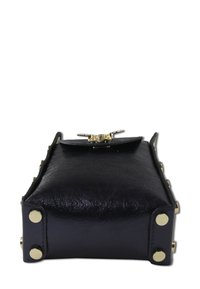 Black leather handbag with a rectangular shape, featuring gold hardware accents and studded details along the edges. Smooth texture.