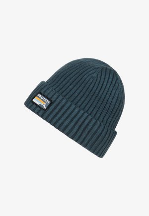 Donker tealkleurige geribbelde muts met een opgerolde rand en een rechthoekig label met "PROTEST" en bergafbeeldingen in contrasterende kleuren.