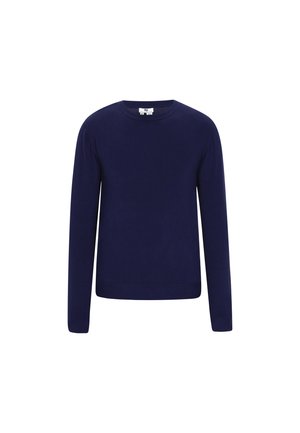 Tmavě modrý svetr s dlouhým rukávem vyrobený z měkké bavlny. Má kulatý výstřih a žebrované manžety a lem, s hladkou a rovnoměrnou strukturou.